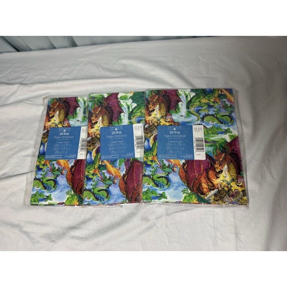 Lot Of 3 Dragon Vintage Wrapping Paper Sheets Gift Wrap Birthday AGC Fantasy